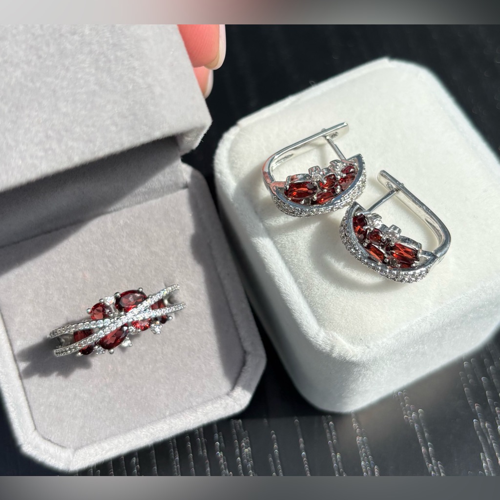 Set - Dark Orange Red Garnet Ring Sz 9.25 & Earring In 925 Sterling Silver